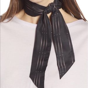 Small Silk Skinny Scarf Black Geo Stripe Print